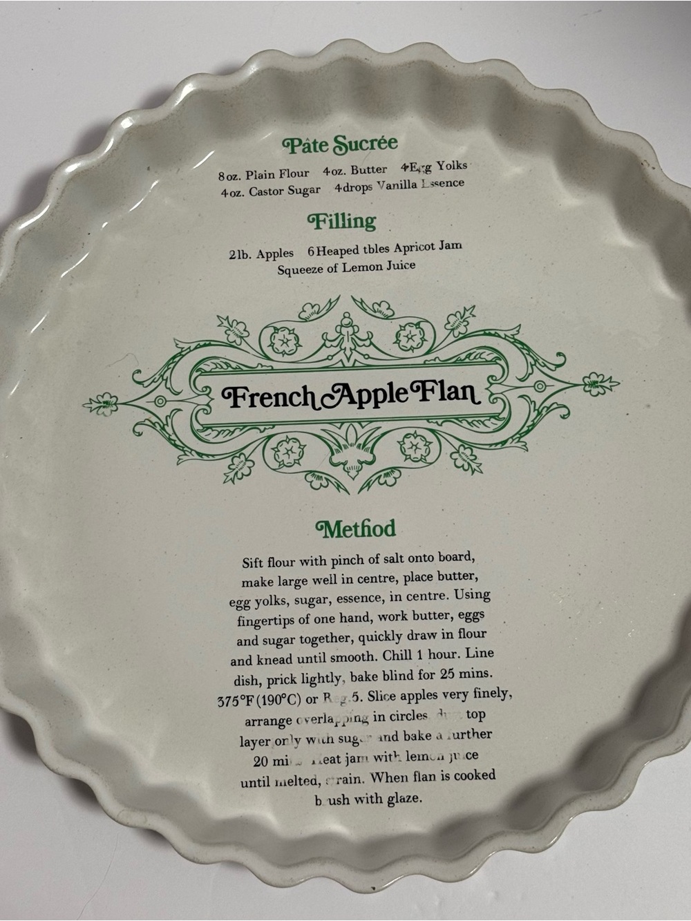 VTG Ceramic French Apple Flan Recipe Pie Dish Fluted Tart Pan Cottagecore